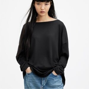 AllSaints Womens Large Black Rita Tee Oversize Relaxed Fit Long Sleeve Blouse